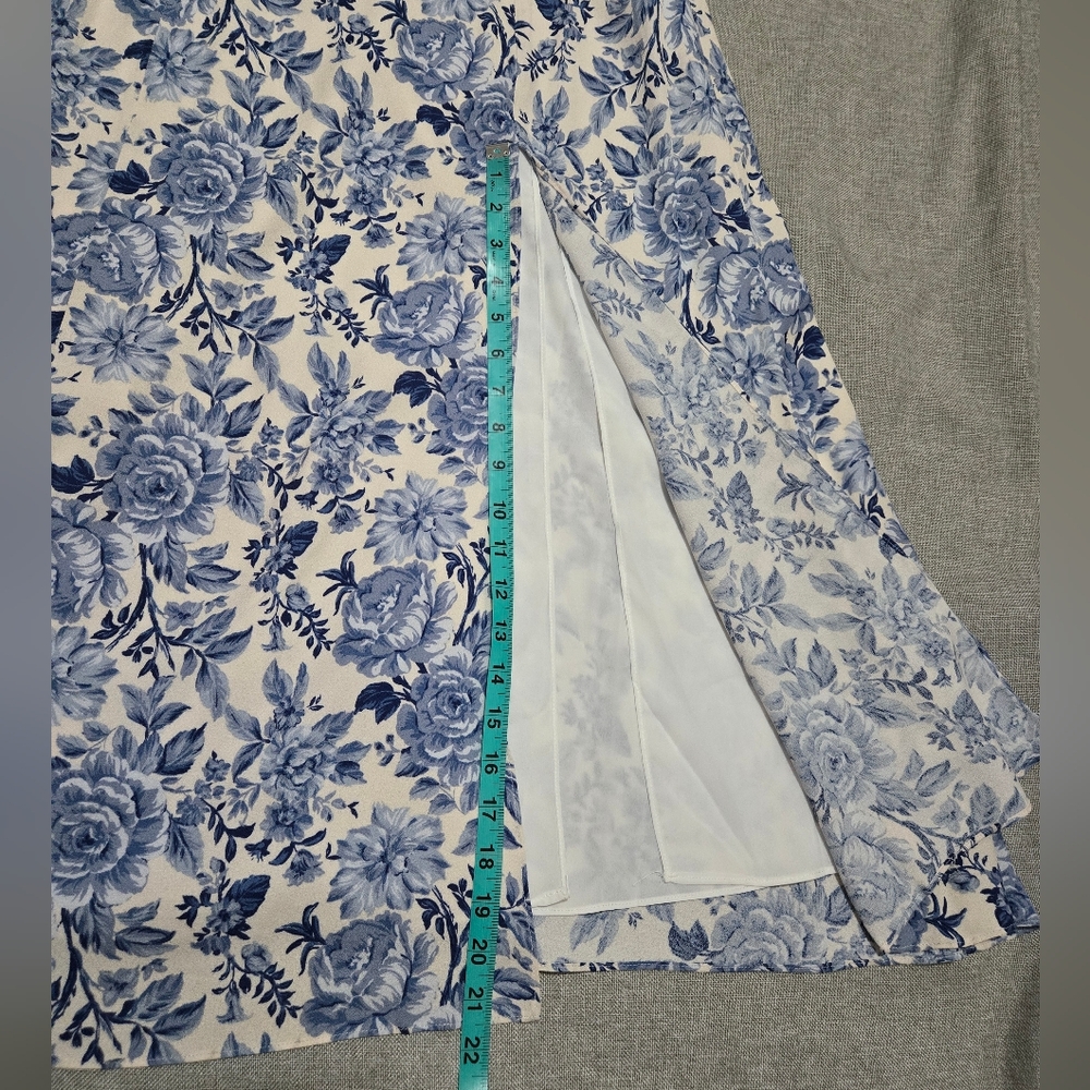 ​Petal & Pup Blue Floral Tie Strap Midi Dress Smocked Back Front Side Slit - Picture 13 of 16